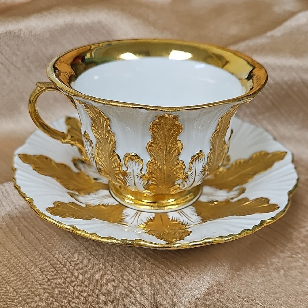 Antique Meissen Cross Mark Heavy Gold Encrusted Leaves Demitasse Cup and…